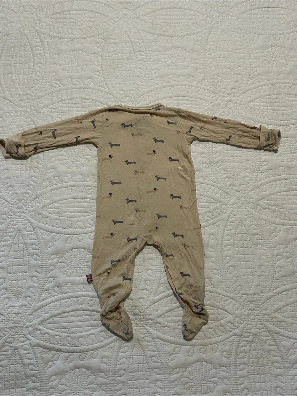 Magnetic Me - Beige Weiner Puppy Print Footed One-Piece Sz: 3-6M (12-16lbs)